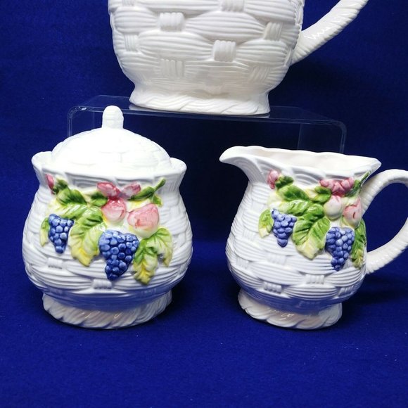Pitcher Sugar Creamer Set Basket Weave Fruit Pattern Interpur Int'l Ceramic - Picture 3 of 11